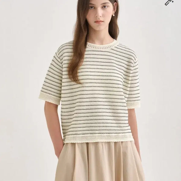 [BUNJANG] SJSJ Striped Eyelet Scallop Knit Top / (새상품) SJSJ 스트라이프 아일렛 스캘럽 니트 탑