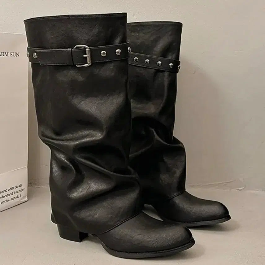 [BUNJANG] ZigZag Leather Buckle Strap Long Boots / 지그재그 레더 버클 스트랩 롱부츠