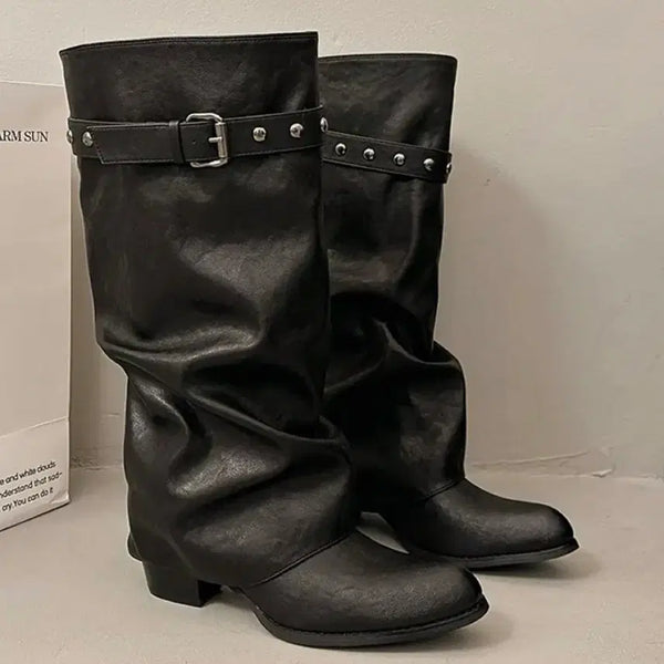 [BUNJANG] ZigZag Leather Buckle Strap Long Boots / 지그재그 레더 버클 스트랩 롱부츠