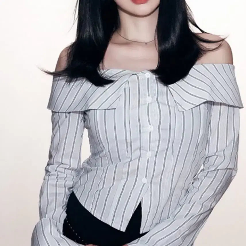 [BUNJANG] Off-Shoulder Stripe Blouse / 오프숄더 스트라이프 셔츠