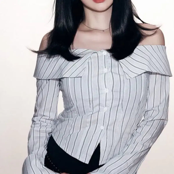 [BUNJANG] Off-Shoulder Stripe Blouse / 오프숄더 스트라이프 셔츠
