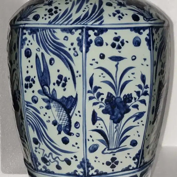[BUNJANG] Blue and White Porcelain Freshwater Fish Octagonal Jar / 청화백자 담수 초어문 팔각유개 매병 높37지21 중국도자기 고도자 골통품
