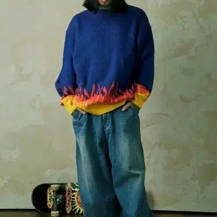 [BUNJANG] The FINS Flame Pattern Sweater Cobalt Blue / (택포)새제품)더 핀스 불꽃 패턴 스웨터 코발트 블루