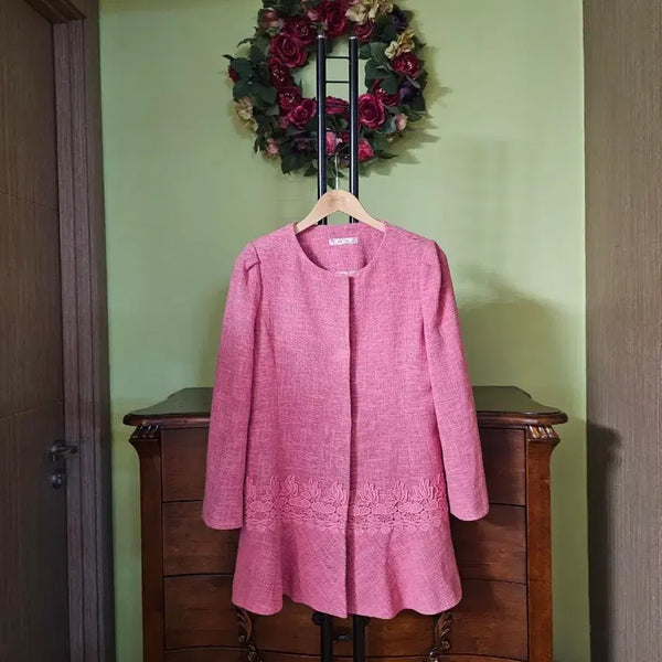 [BUNJANG] Satin Lace Trim Pink Coat / 사틴 레이스배색 핑크코트