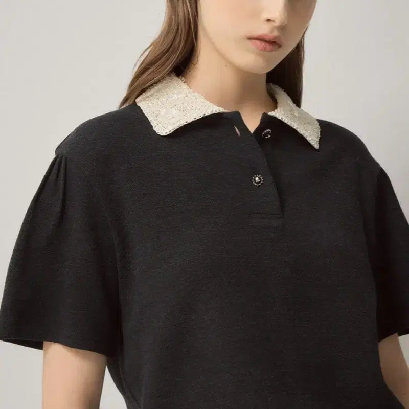 [BUNJANG] Lanvin Collection Wool Blend Beaded Collar Half Sleeve Top / 한섬 랑방컬렉션 울 블렌드 비즈 칼라 하프 슬리브 탑. 새상품