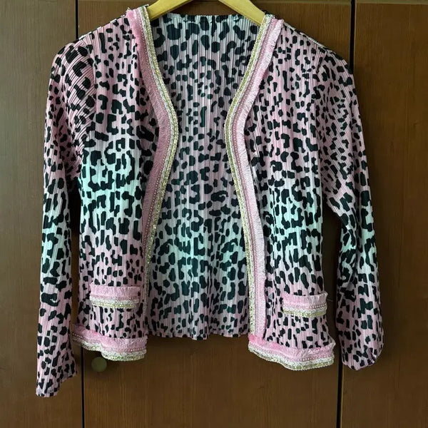 [BUNJANG] Pink Leopard Print Pleated Cardigan / 핑크 레오파드 플리츠 가디건