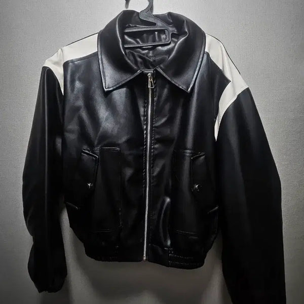 [BUNJANG] Black & White Leather Blouson Jacket / 블랙&화이트 레더 블루종 자켓