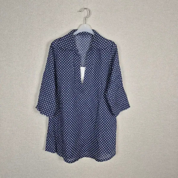 [BUNJANG] Navy Collar V-Neck Polka Dot Blouse / (#66,날씬77) 네이비 카라V넥 도트 블라우스