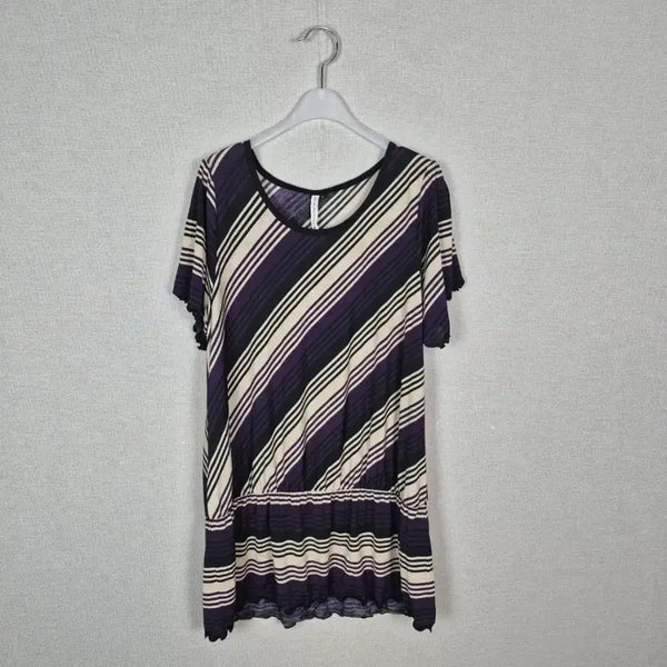 [BUNJANG] Beige Black Diagonal Stripe Long Blouse / (#55,66추천)베이지블랙 사선 줄무늬 롱블라우스