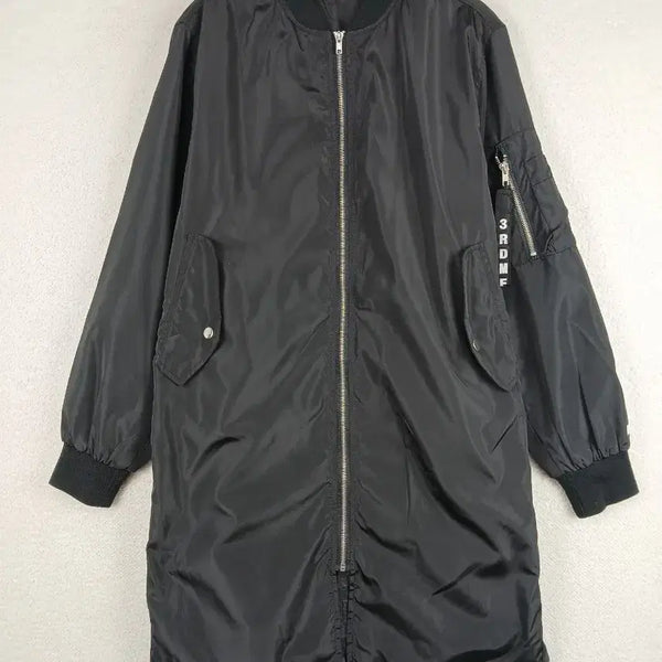 [BUNJANG] Women's Black Long Bomber Jacket (Size 77) / 여성 블랙 항공 점퍼  롱 자켓(77)