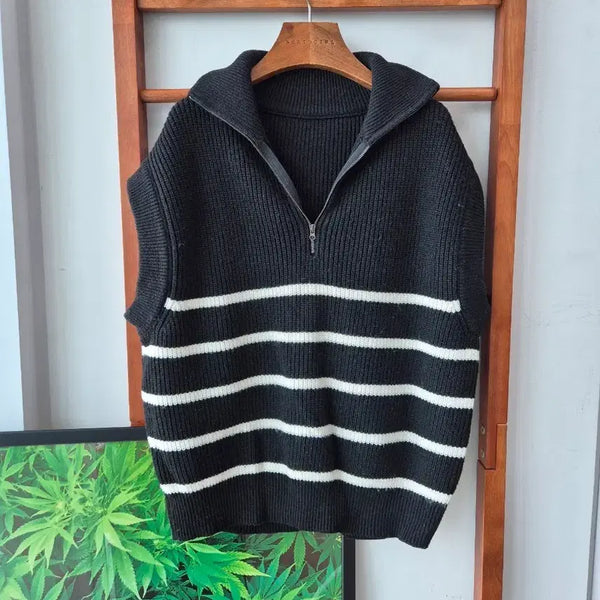 [BUNJANG] Striped Half-Zip Knit Vest - Black / (새상품)반집업 스트라이프 니트 조끼 블랙