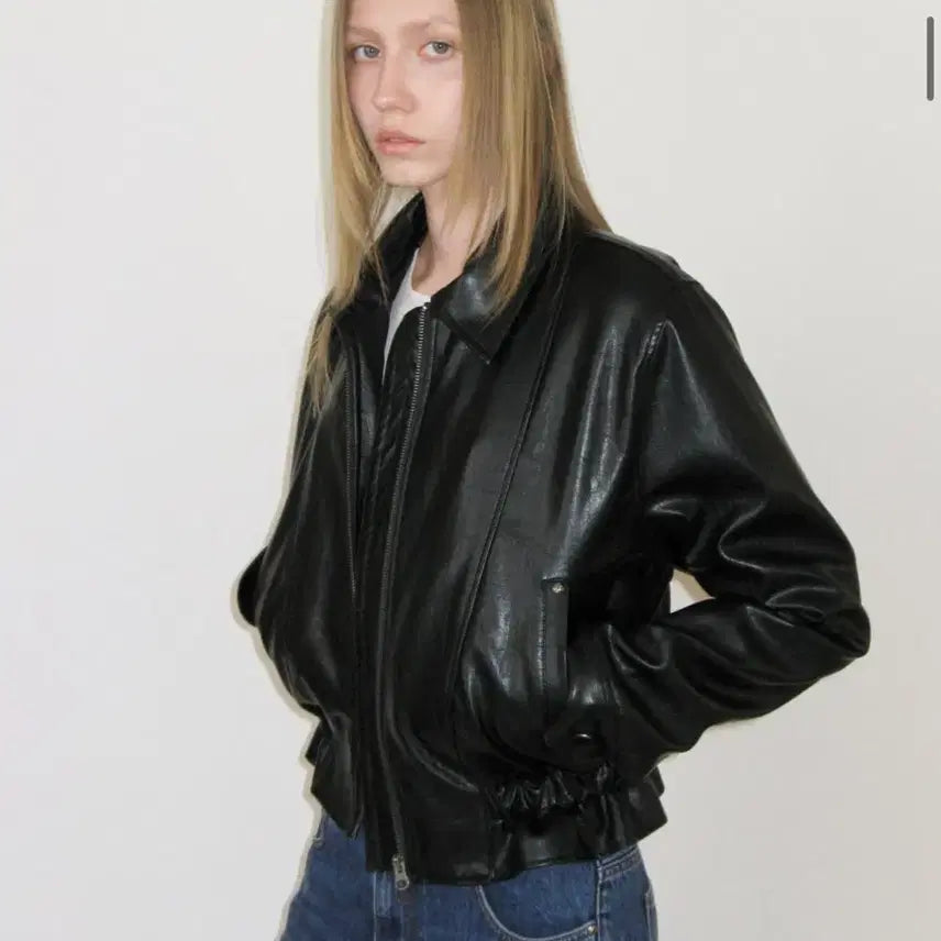 [BUNJANG] Sunburn Project Faux Leather Frill Jumper Jacket Karina / 썬번프로젝트 Faux Leather Frill Jumper 가죽자켓 레더자켓 카리나
