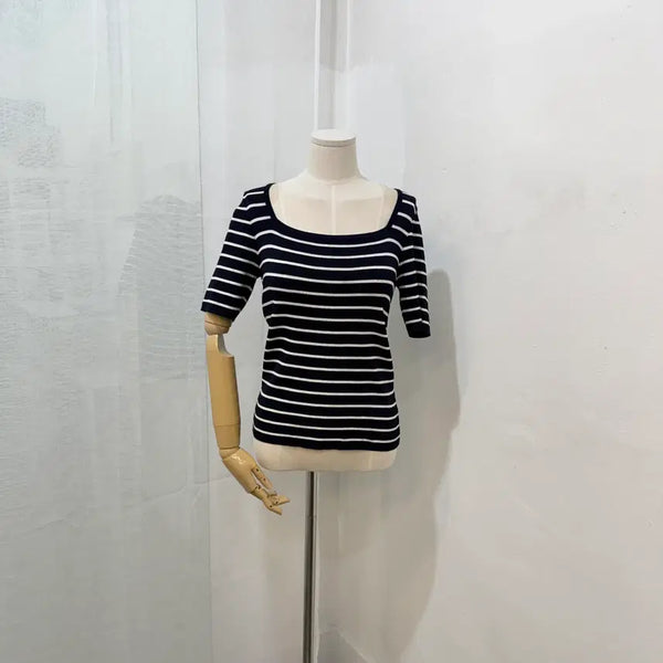 [BUNJANG] Morrest Benito Square Neck Short Sleeve Striped Knit / Morrest 베니토 자체제작 스퀘어넥 반팔줄무늬 니트 5118