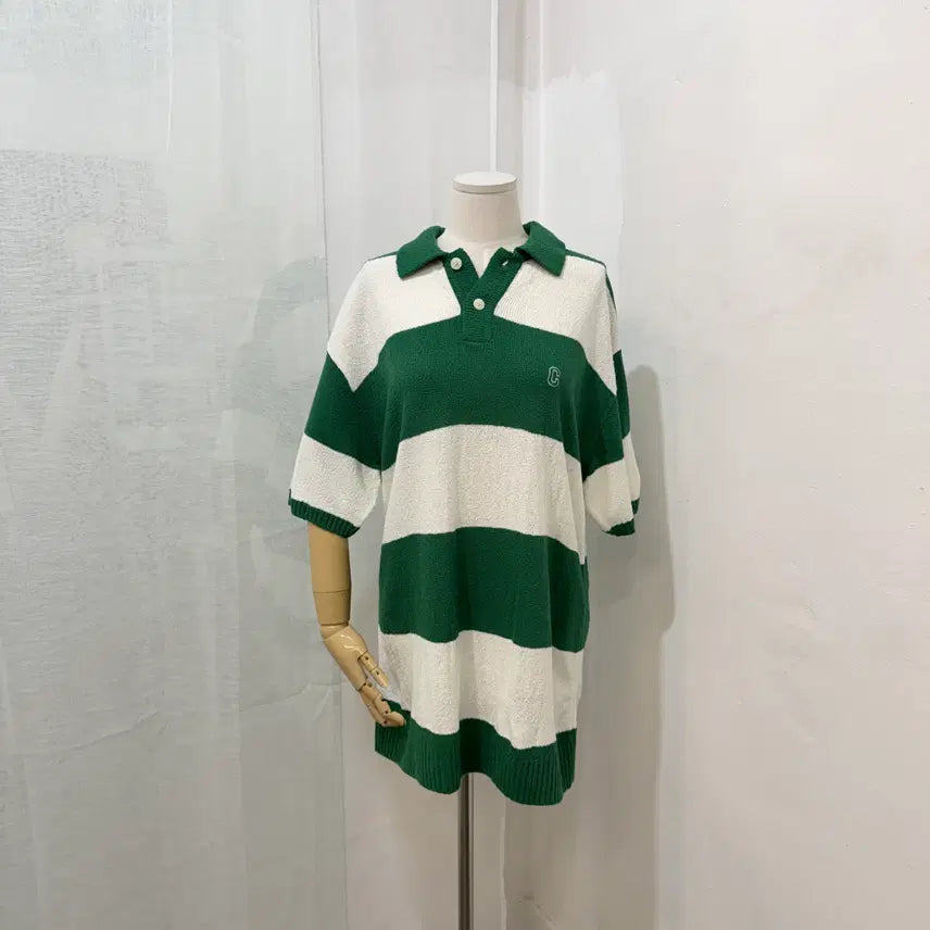 [BUNJANG] Covernat Green Striped Short-Sleeve Knit / 커버낫 그린 줄무늬 반팔니트 부클니트 5123