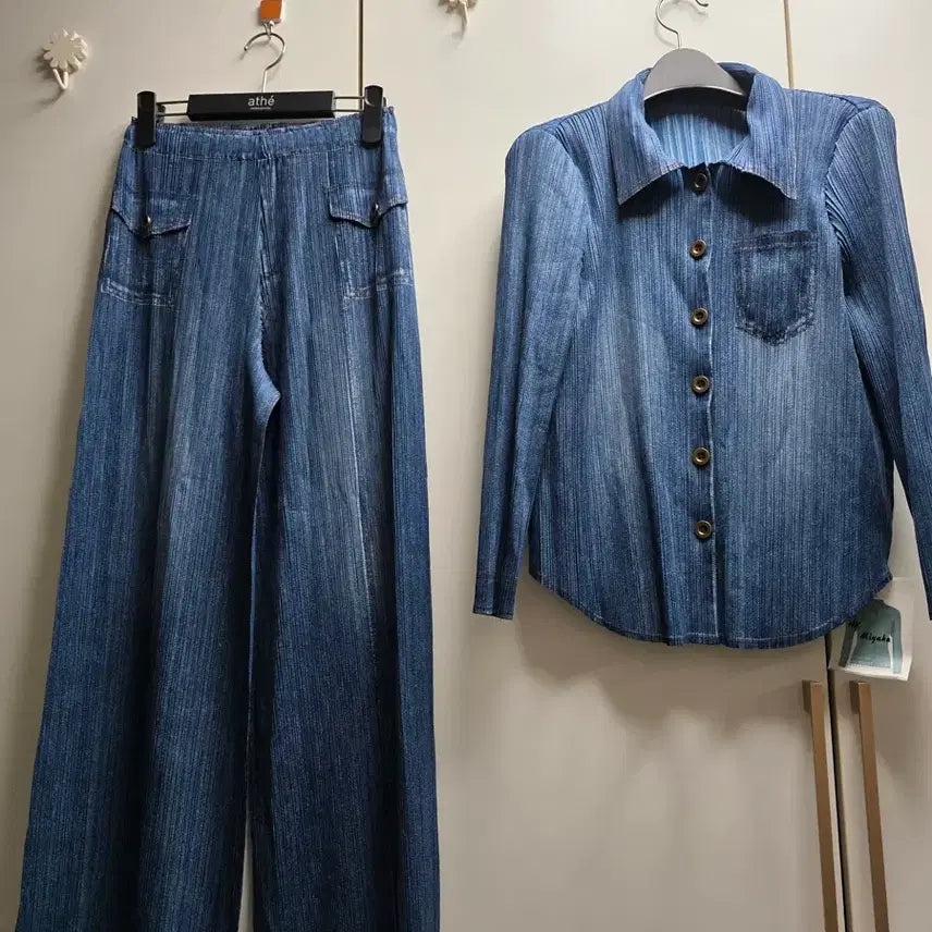 [BUNJANG] Pleated Denim Style Jacket and Wide Pants Set / 플리츠.데님 스타일 자켓 와이드 팬츠 세트