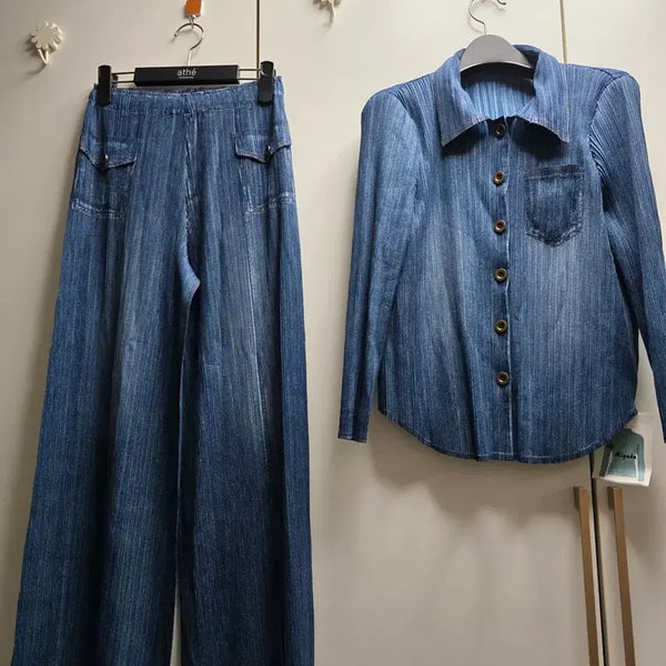 [BUNJANG] Pleated Denim Style Jacket and Wide Pants Set / 플리츠.데님 스타일 자켓 와이드 팬츠 세트