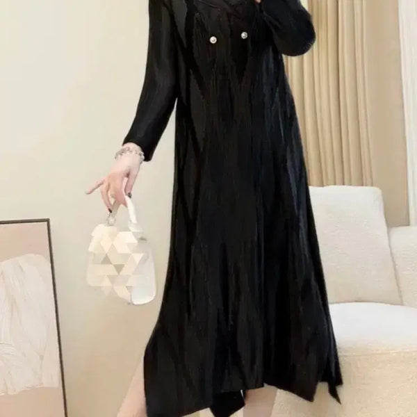 [BUNJANG] Black Long Pleated Dress / 더블. 버튼.   블랙 롱 원피스. 플리츠. 원피스. 롱