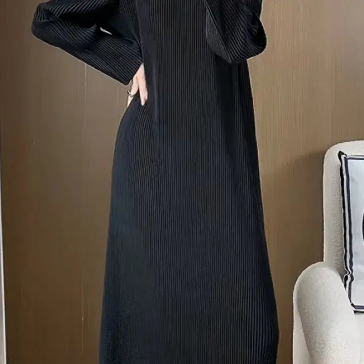 [BUNJANG] Pleated Shirt Dress Black / 플리츠 셔츠 원피스 블랙.  카라. 스타일 긴팔