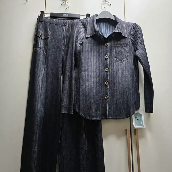 [BUNJANG] Pleated Denim Black Set-up Jacket & Pants / 플리츠. 세트.  고급형.   데님 블랙.  세련된