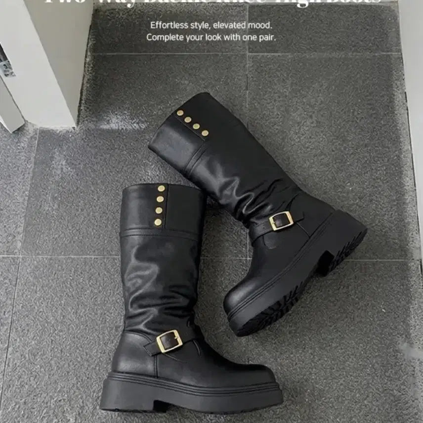 [BUNJANG] Women's Black Two-Way Chunky Heel Long Boots / 여성 롱부츠 블랙 투웨이 통굽 부츠