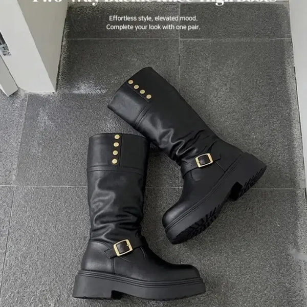 [BUNJANG] Women's Black Two-Way Chunky Heel Long Boots / 여성 롱부츠 블랙 투웨이 통굽 부츠