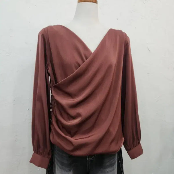 [BUNJANG] Wrap Design Shirring Blouse - Brown / 랩 디자인 셔링 블라우스 브라운