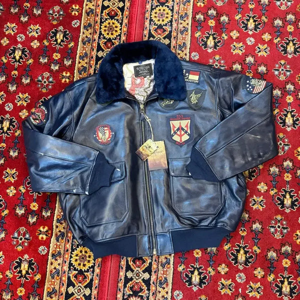 [BUNJANG] Top Gun G-1 Multi-Patch Real Leather Flight Jacket Navy 4XL (Deadstock) / (새상품)데드스탁 탑건 G-1 멀티 패치 리얼 레더 플라이트 자켓 네이비 4XL