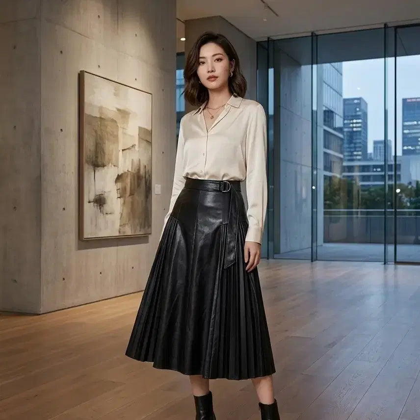 [BUNJANG] ISIDORA BLACK LEATHER PLEATED SKIRT / 아이잗바바 블랙 레더 플리츠 스커트