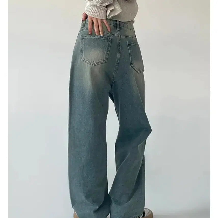 [BUNJANG] Vintage Washed Wide Leg Blue Denim Jeans / [새상품] 와이드 데님 빈티지 워싱 블루