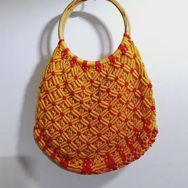 [BUNJANG] Vintage Handmade Macrame Round Handle Bag Yellow/Red / 빈티지 수공예 핸드메이드 마크라메 원형 손잡이 가방 옐로우/레드