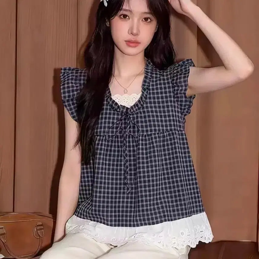 [BUNJANG] Check Pattern Lace Blouse / [새상품] 체크 패턴 레이스 블라우스