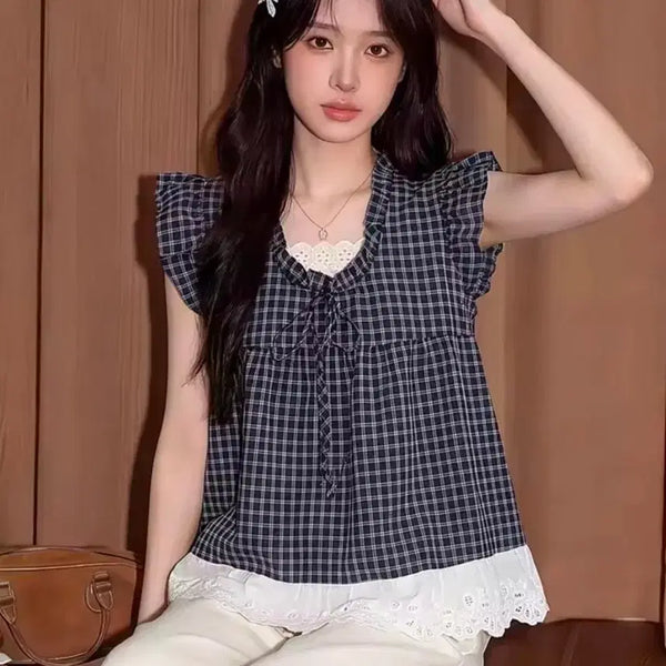 [BUNJANG] Check Pattern Lace Blouse / [새상품] 체크 패턴 레이스 블라우스