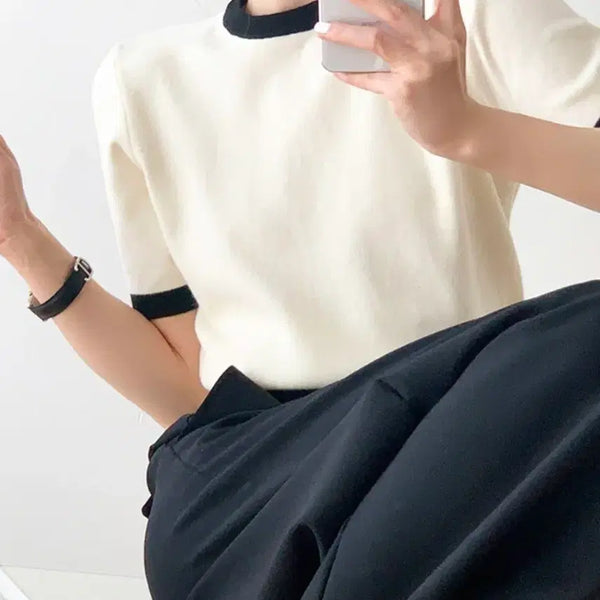[BUNJANG] Round Neck Color-Block Knit - Ivory / [새상품] 반팔 라운드넥 배색 니트 아이보리
