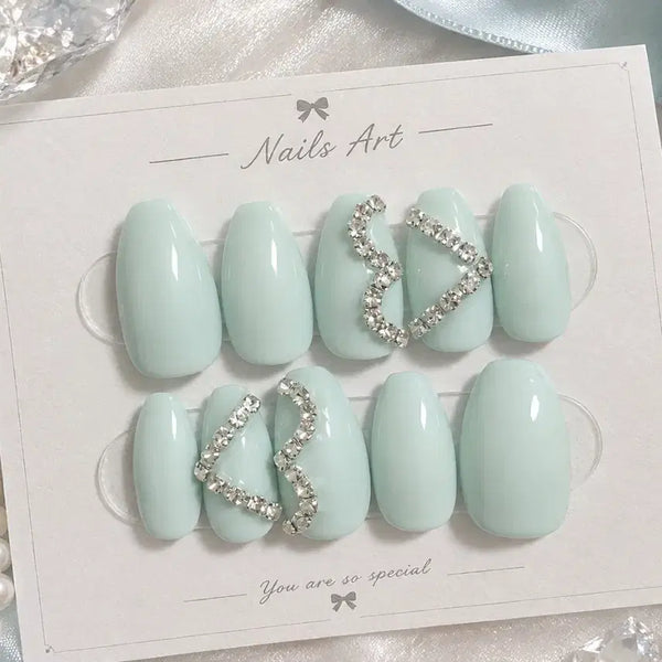 [BUNJANG] Pastel Mint Handmade Press-On Nails (Customizable) / 파스텔 민트 <3 네일팁(색상변경가능)