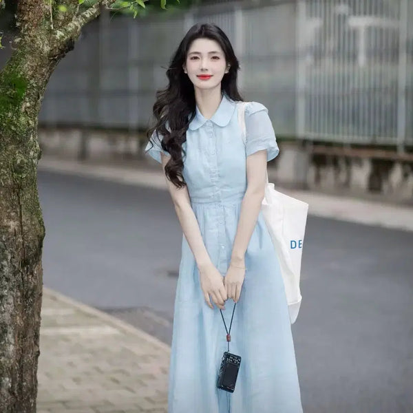 [BUNJANG] Elegant Summer Half-Sleeve Dress / 고급스러운 분위기의 바닷가 휴양지 느낌, 자연스러운 분위기, 천금풍 슬림해 보이는 드레스, 산뜻하고 시원한, 품격 있는 느낌, 편안한 반팔 원피스