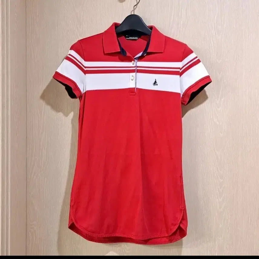 [BUNJANG] Beanpole Red White Stripe Collar T-Shirt / 빈폴 레드 화이트 스트라이프 카라 티셔츠