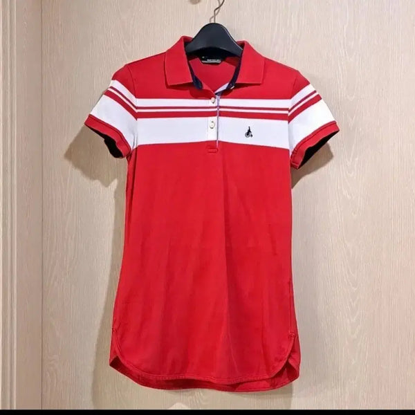 [BUNJANG] Beanpole Red White Stripe Collar T-Shirt / 빈폴 레드 화이트 스트라이프 카라 티셔츠