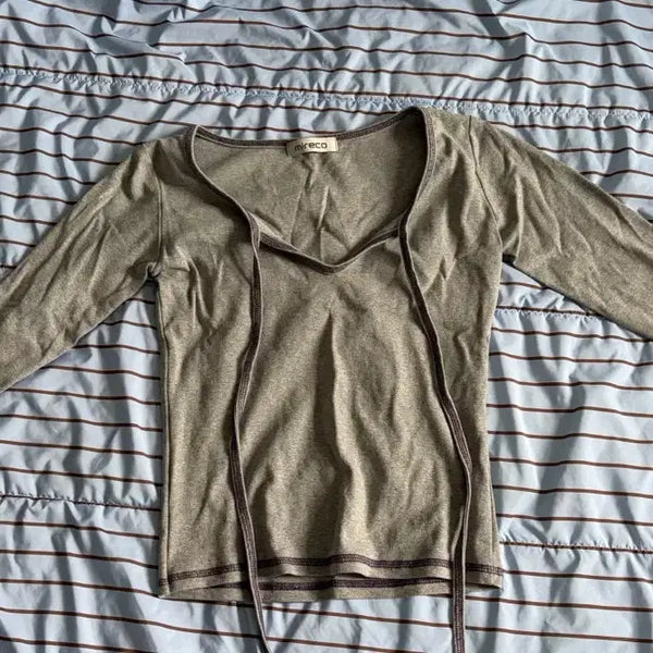 [BUNJANG] Mireco Stitch Ribbon T-Shirt Grey / 미레코 STITCH RIBBON T GREY