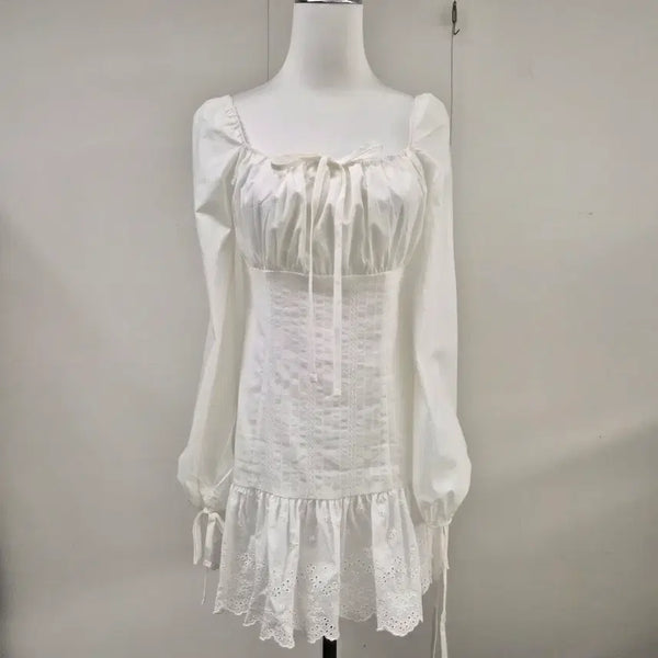 [BUNJANG] Square Neck Puff Sleeve Lace Mini Dress - White / 스퀘어넥 퍼프소매 레이스 원피스 화이트