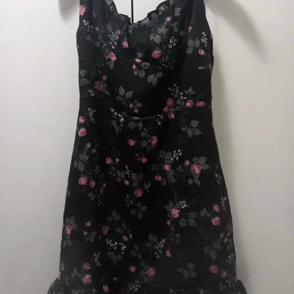 [BUNJANG] Black Floral Print Spaghetti Strap Mini Dress / 검정색 꽃무늬 끈나시 원피스 F