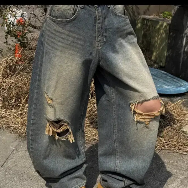 [BUNJANG] Oversized Denim Pants Blue Wash Cutout Jeans / 오버핏 데님 팬츠 블루 워싱 컷팅 청바지