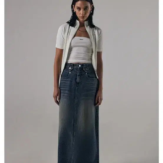 [BUNJANG] Triming Bird Front Yoke Denim Long Skirt Size 1 / 트리밍버드 프론트 요크 데님 롱스커트 1사이즈