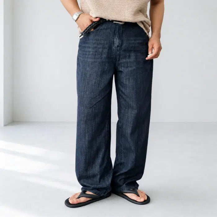 [BUNJANG] Men's Half-Band Linen Slub Wide Jeans / 남자 하프밴딩 린넨 슬라브 와이드 청바지