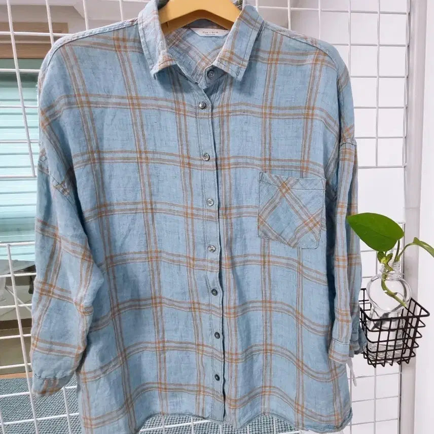 [BUNJANG] Blue Check Linen Shirt (Free Size) / 블루체크 린넨 셔츠 (프리)