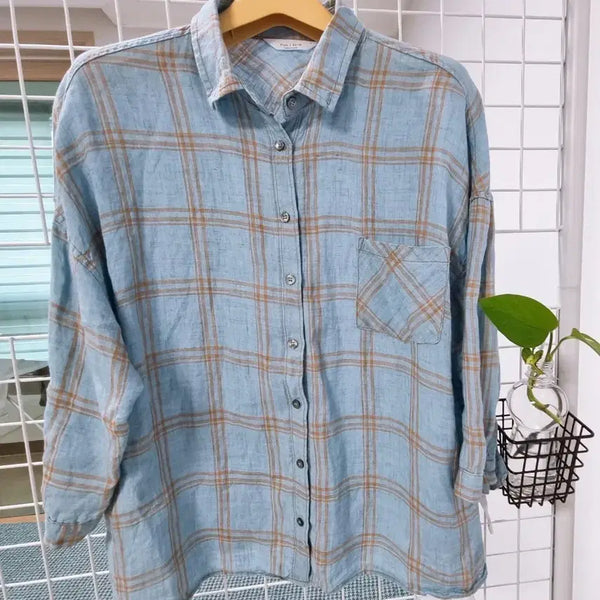 [BUNJANG] Blue Check Linen Shirt (Free Size) / 블루체크 린넨 셔츠 (프리)