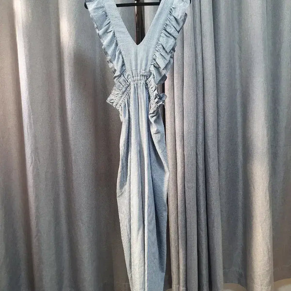 [BUNJANG] Frill Stripe Wide Jumpsuit / 프릴 스트라이프 와이드 점프수트