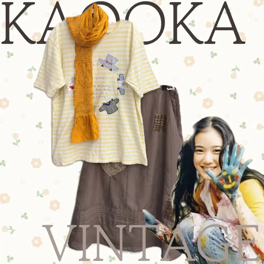 [BUNJANG] Vintage Patchwork Long Skirt & Muffler Set / 일본빈티지 러블리 패치워크 키치 괴짜 롱스커트 머플러 코디세트
