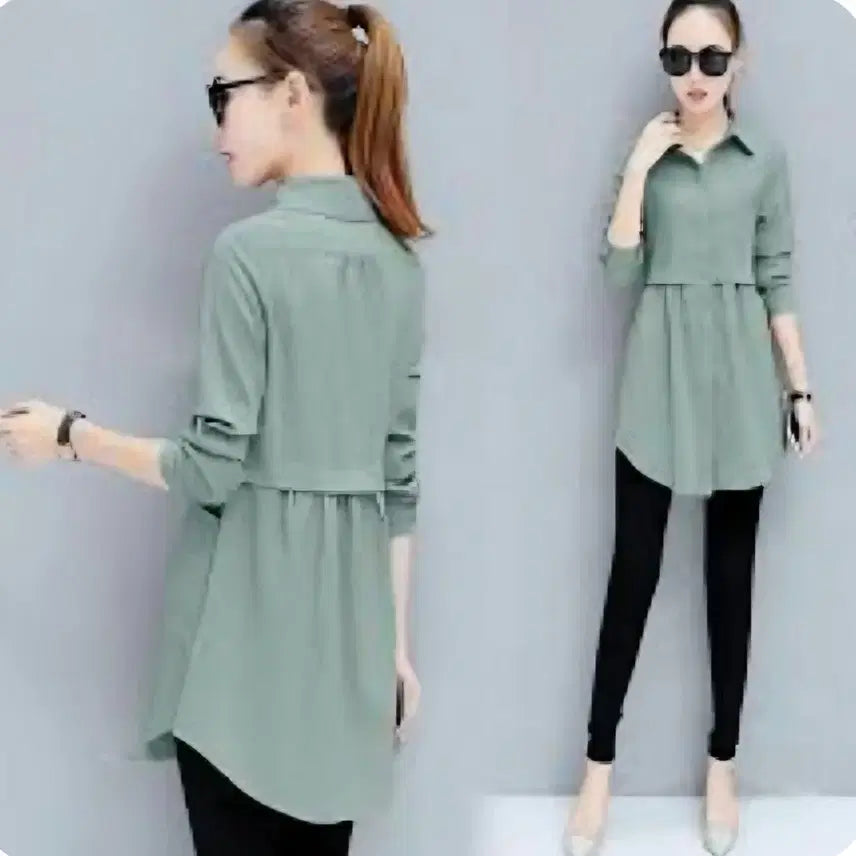 [BUNJANG] Mint Stripe Asymmetric Fit Blouse S / 민트 스트라이프 핏이쁜 언발 블라우스 S