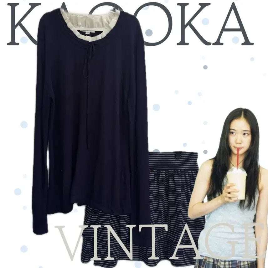 [BUNJANG] Navy Stripe Ruffle Skirt / 일본빈티지 러블리 레이스 히메갸루 네이비 스트라이프 캉캉 스커트