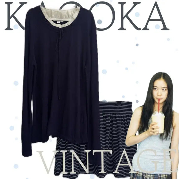 [BUNJANG] Navy Stripe Ruffle Skirt / 일본빈티지 러블리 레이스 히메갸루 네이비 스트라이프 캉캉 스커트